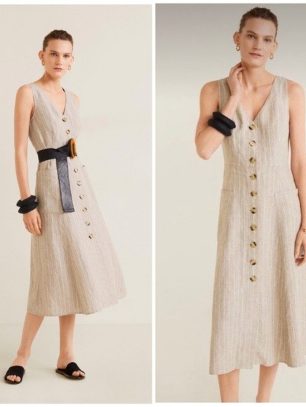 Mango 100% Linen Striped Button-Front Midi Dress